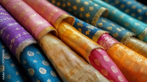Colorful traditional fabrics displayed elegantly on a wooden table, showcasin...