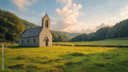 Stone chapel surrounded by lush greenery at sunset in tranquil countryside se...