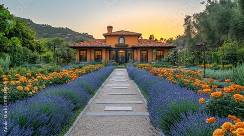 Beautiful garden with vibrant flowers and stunning architecture at sunset