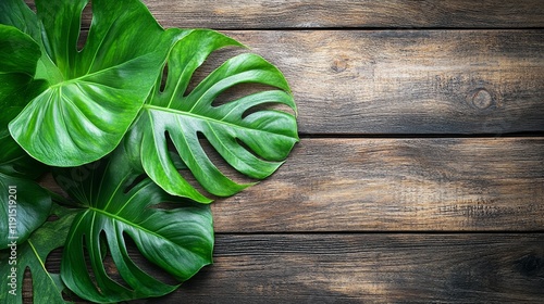 Green leaf resting on a rustic wooden surface showcasing natural beauty in de...