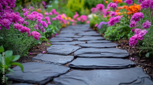 Beautiful stone pathway through a vibrant garden filled with colorful flowers...