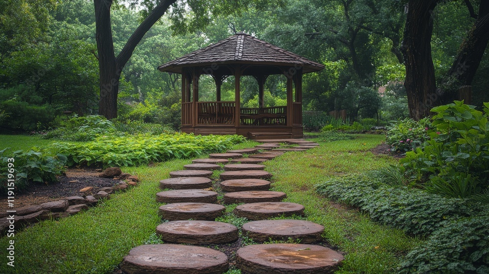 Serene garden path leading to a wooden gazebo surrounded by lush greenery at sunset Serene garden path leading to a wooden gazebo surrounded by lush greenery at sunset