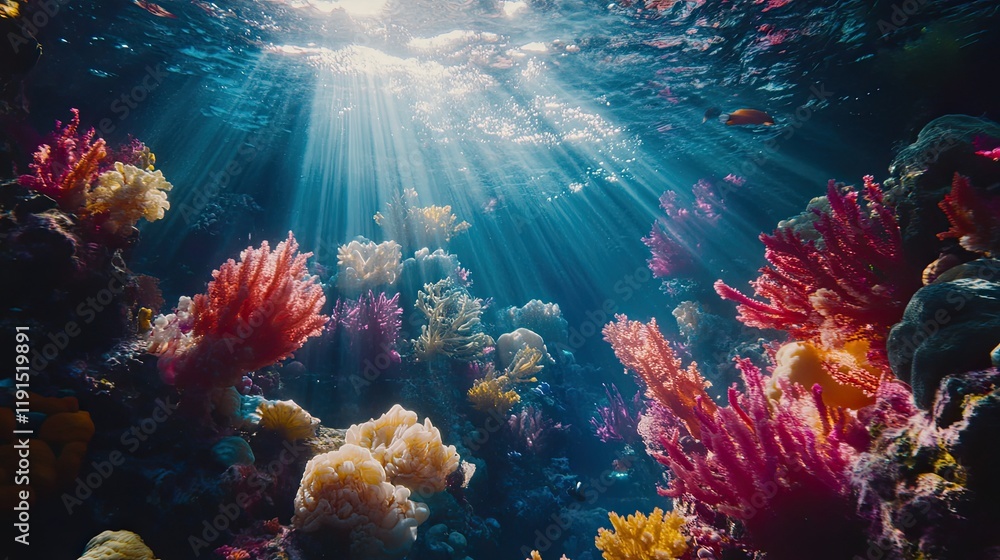 Naklejka premium Vibrant coral reef illuminated by sunlit ocean water