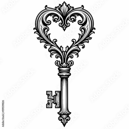 Elegant heart-shaped key design, intricate black and white illustration