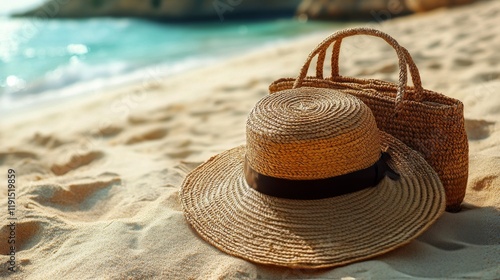 Stylish straw hat and tote bag resting on sandy beach near calm turquoise wat...