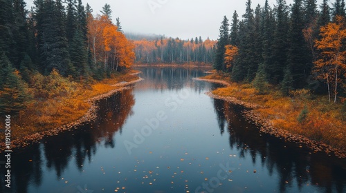Colorful autumn landscape with vibrant orange trees and calm water reflection...