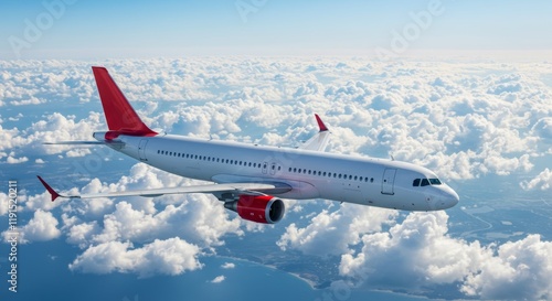A commercial airplane in flight, captured from above and to the side, with fluffy clouds and the ocean below.

