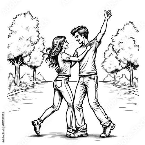 Joyful couple dancing in a park, celebration of love and happiness