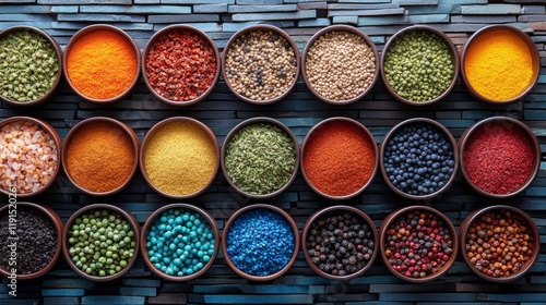 Vibrant spices and herbs displayed in wooden bowls at a market setting during...