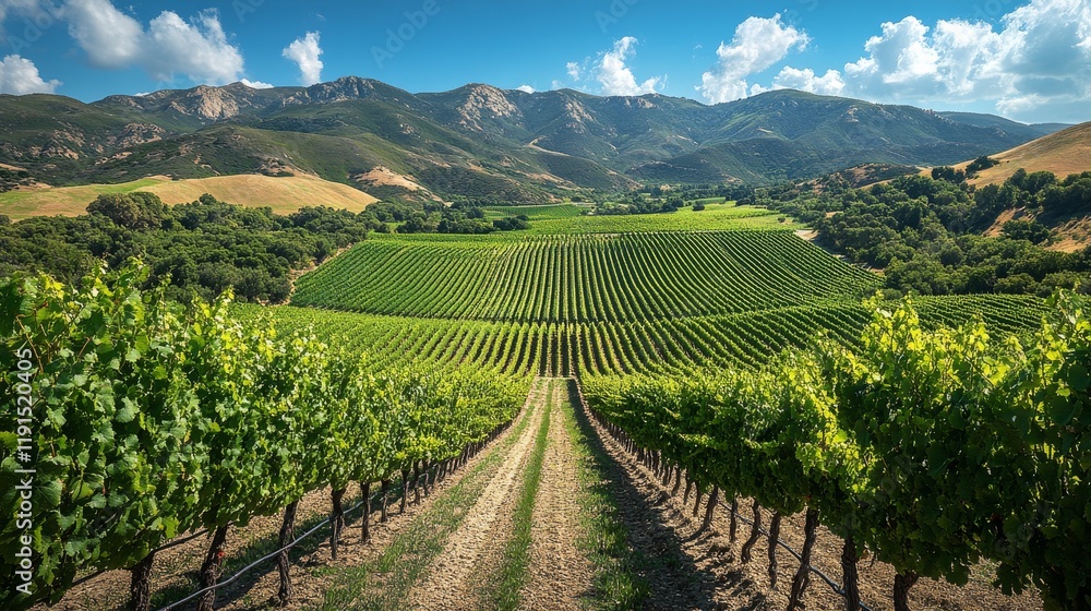 Lush vineyards under a bright blue sky in a mountainous region during midday Lush vineyards under a bright blue sky in a mountainous region during midday