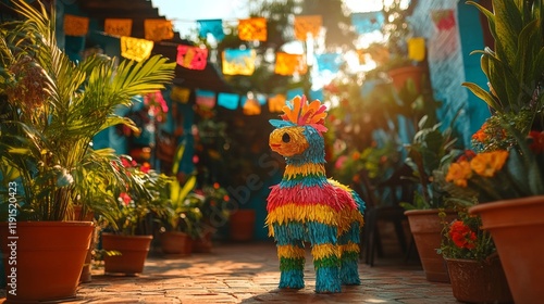 Colorful pinata stands proudly in vibrant garden during golden hour