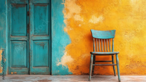 Colorful rustic chair against vibrant wall in a charming interior space