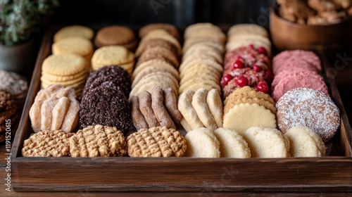 Collection of assorted donuts displayed in a bakery case during morning hours
