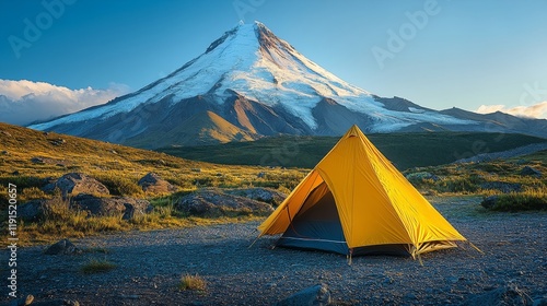 Camping in a yellow tent by the snowy peak of a mountain under a cloudy sky a...