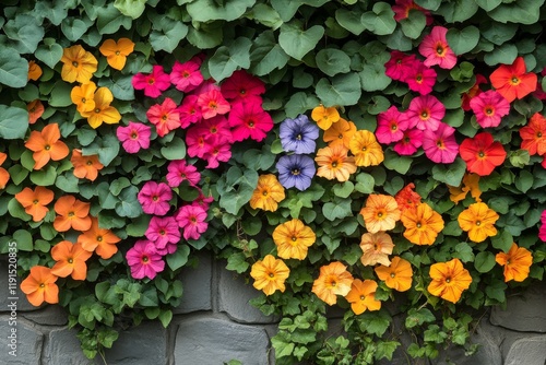 Colorful flower wall with vibrant blooms in a garden setting during springtime