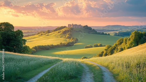 Historic castle on a hilltop during sunset with dramatic skies and lush lands...