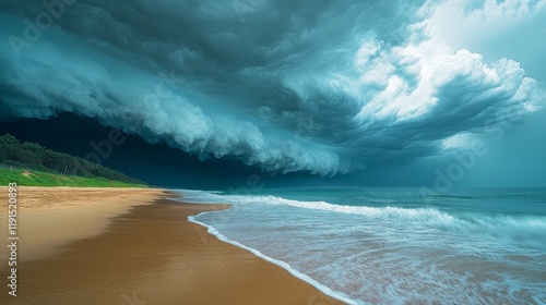 Dramatic cloudy sunset over sandy beach and grassland along the coastline