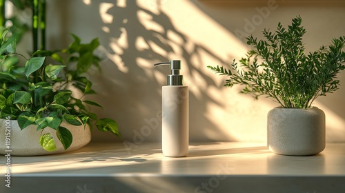 Elegant skincare bottle surrounded by lush green plants on a marble surface i...