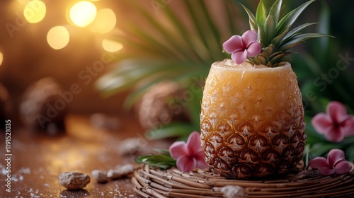 Tropical drink served in a pineapple with flowers and foliage on a wooden tab...