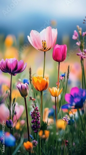 Colorful spring flowers bloom in a vibrant garden surrounded by greenery