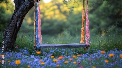 Vibrant meadow swing surrounded by colorful flowers at sunset in a tranquil park