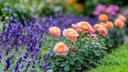 Beautiful garden with vibrant flowers and stunning architecture at sunset