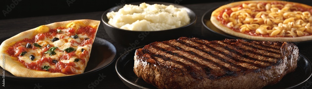 Comfort Food Display Pizza, Mashed Potatoes, Grilled Steak on a Dark Table for Culinary Promotion. Comfort Food Display Pizza, Mashed Potatoes, Grilled Steak on a Dark Table for Culinary Promotion.