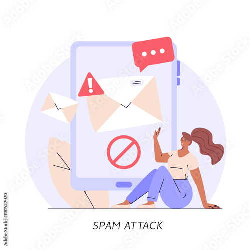 Spam message illustration. User receiving spam email and using anti-spam protection. Concept of spam software spreading, ad blocking, phishing attack, noise advertising. Vector flat cartoon design