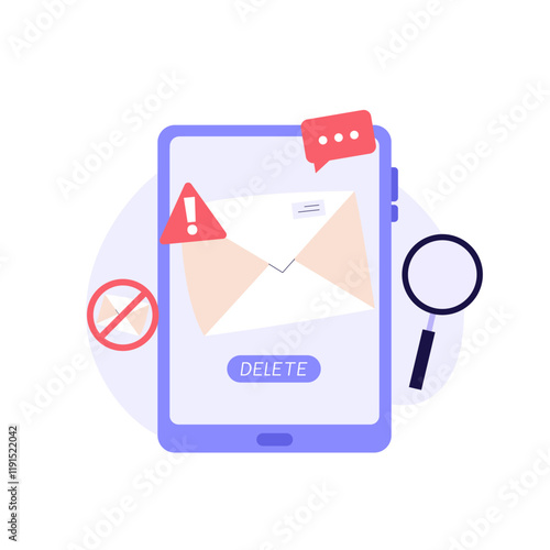 Spam message illustration. User receiving spam email and using anti-spam protection. Concept of spam software spreading, ad blocking, phishing attack, noise advertising. Vector flat cartoon design