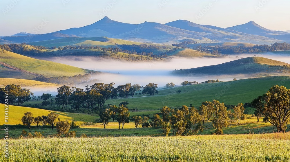 Naklejka premium Rolling Green Hills Mist Shrouded Mountains Sunrise
