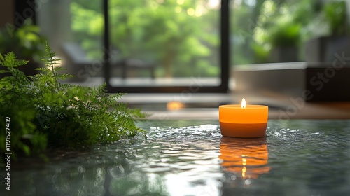 Relaxing atmosphere with a lit candle by a tranquil water surface surrounded ...