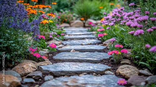 Beautiful stone pathway through a vibrant garden filled with colorful flowers...