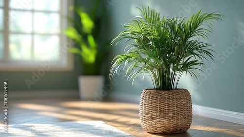 Bright living room with indoor plants in decorative pots enhancing the natura...