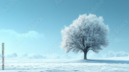 Verdant tree stands alone in a serene landscape with rolling hills and clear ...