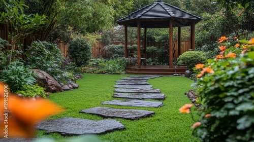 Serene garden path leading to a wooden gazebo surrounded by lush greenery at ...