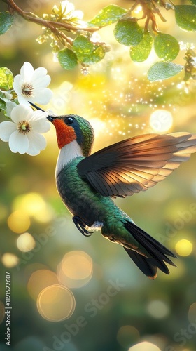 Hummingbird Feeding on Blossoms in a Sunlit Garden with Vibrant Colors and Nature's Beauty photo