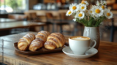 Enjoying freshly baked pastries and coffee in a cozy cafe setting on a beauti...