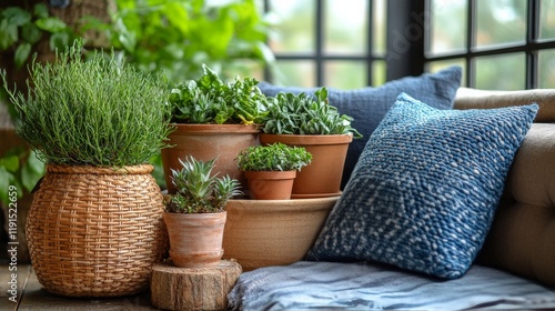 Decorative indoor plants arranged stylishly on a woven coffee table in a brig...