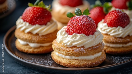 Delicious dessert featuring strawberries on creamy layers with a dusting of s...