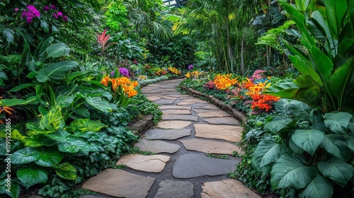 Fototapeta Naklejka Na Ścianę i Meble -  Pathway through vibrant flowers leading to a rustic wooden shed in a lush garden