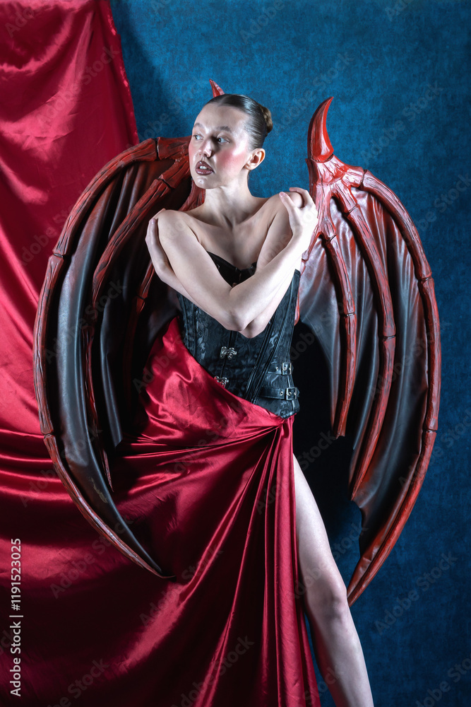 lady with dragon wings on red and blue background lady with dragon wings on red and blue background
