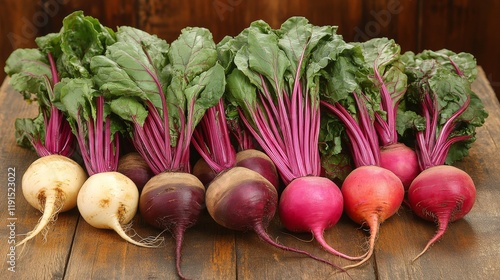 Freshly harvested radishes and turnips displayed on a rustic wooden table