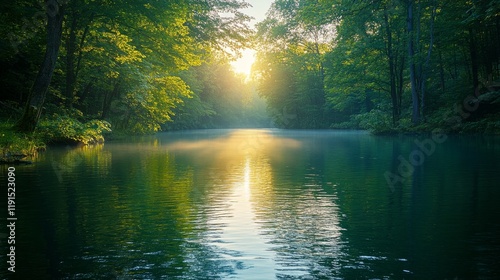 Serene mountain lake surrounded by lush greenery and misty hills in a tranqui...