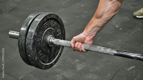 A close-up of a strong hand gripping a weightlifting barbell with black plates. The focus is on the arm's muscularity and grip strength. photo