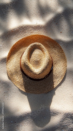 Straw hat resting on sandy beach with soft sunlight filtering through palm le...