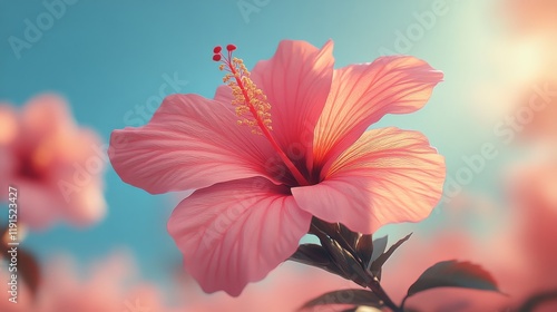 Bright orange hibiscus flower in full bloom against a blue background with gr...