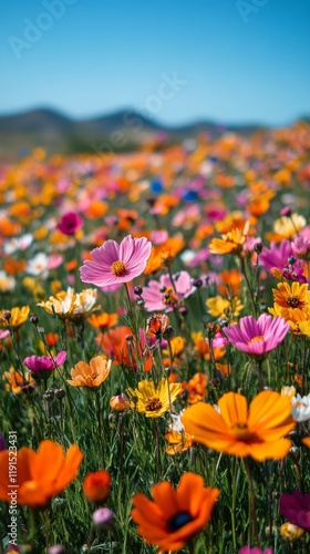 Vibrant wildflower field with a clear blue sky and fluffy clouds in a sunny s...