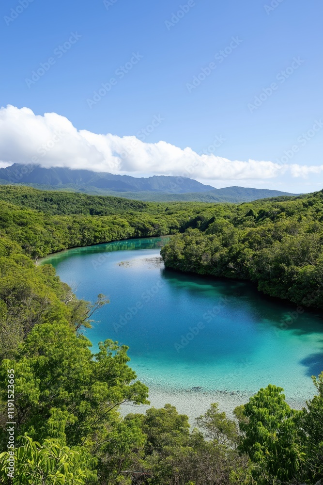 A beautiful blue river with trees on both sides. The water is calm and clear. The sky is blue and there are some clouds in the background A beautiful blue river with trees on both sides. The water is calm and clear. The sky is blue and there are some clouds in the background