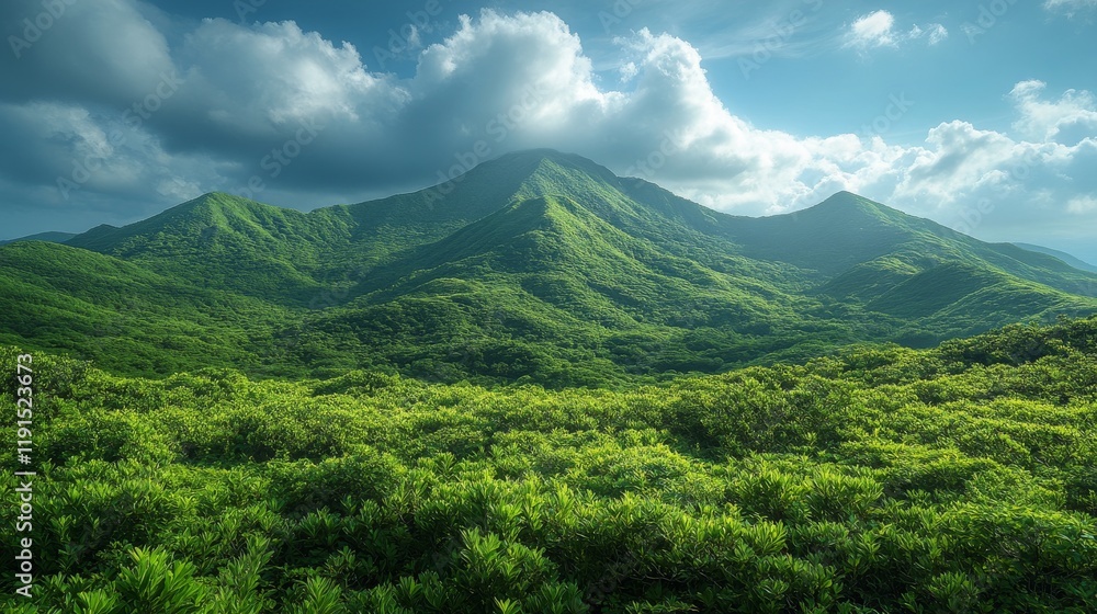 Fototapeta premium Lush green mountains under dramatic clouds with clear blue sky during midday