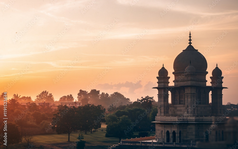 Obraz premium Sunset over a majestic stone dome structure in a park.